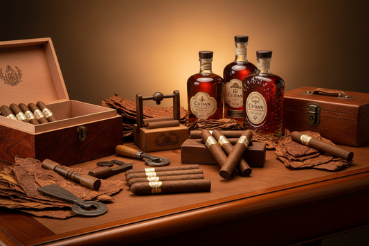 Crea una foto professionale di un laboratorio di sigari e rum cubani 