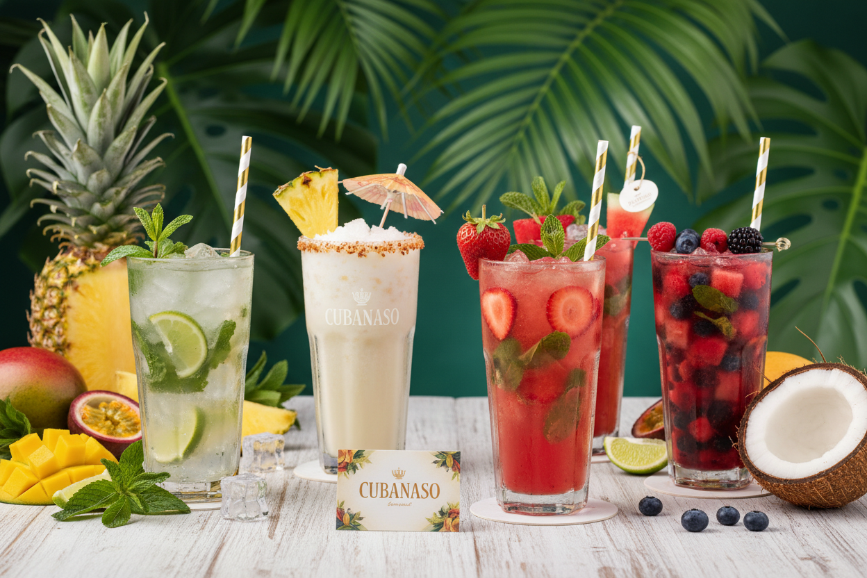 génere moi une photo de qualité pour une collection de cocktails cocentrée sans alcool marque CUBANASO, mojito, pina colda, fruits exotiques, mojito fraise, mojito pasteque, mojito fruit rouges 